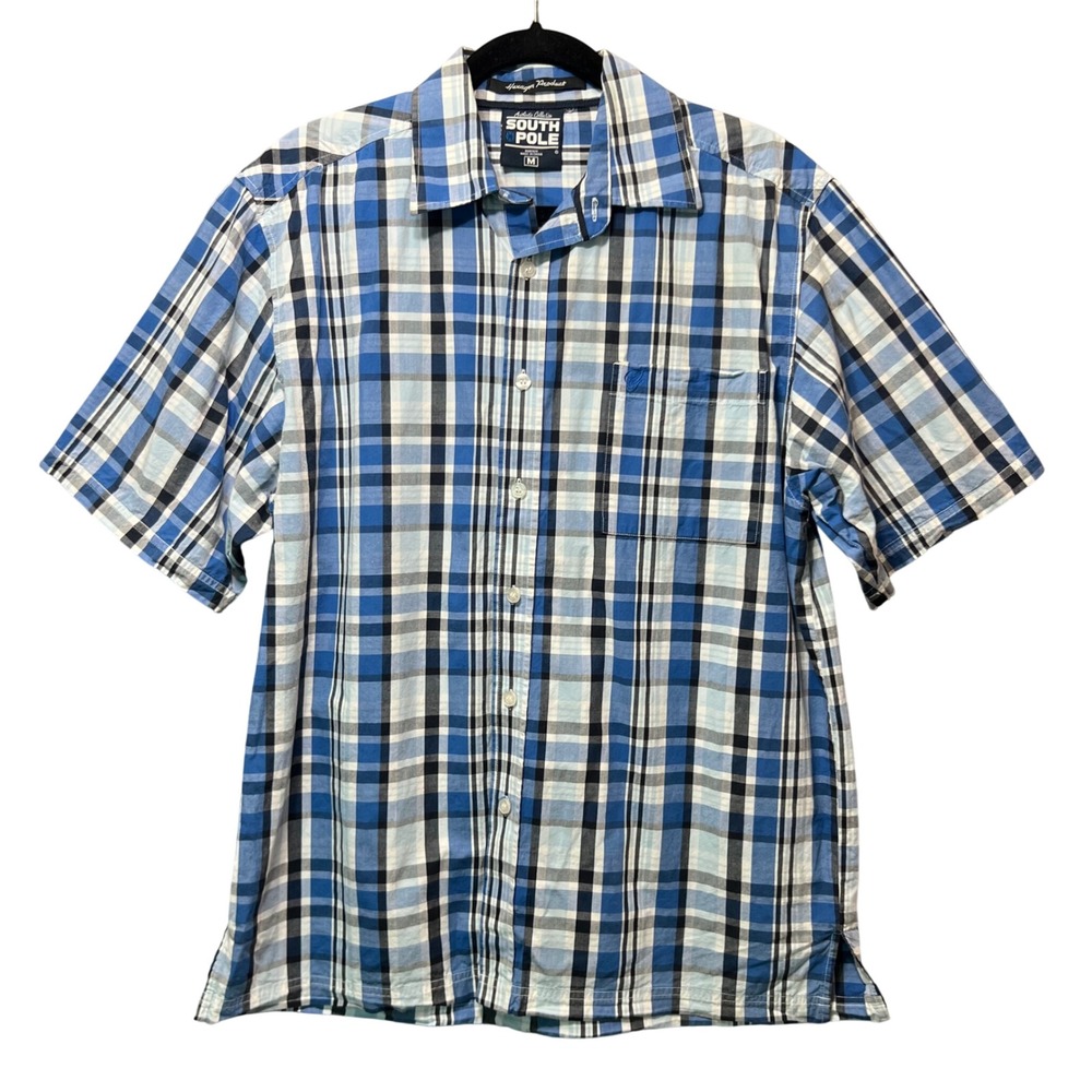 South‎ Pole Mens Blue Plaid Short Sleeve Button Up Shirt Medium Y2K Streetwear